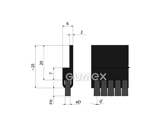 Profil s kefou 3002, 30x6mm, dĺžka kefy 5mm, priemer 0,1mm, sklon 0°, profil TPE, kefa PA6, -20°C/+100°C, čierny
